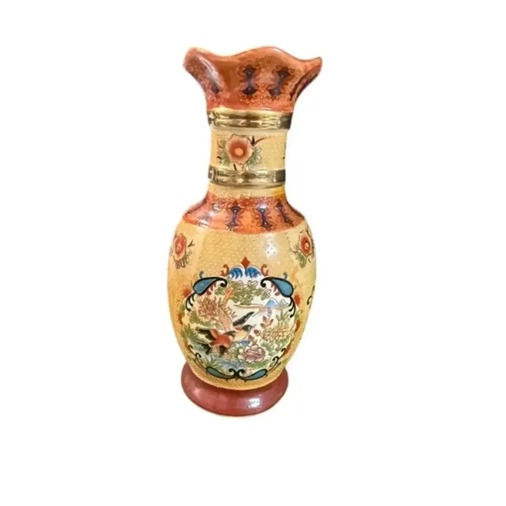 Vtg Porcelain Chinese Ruffled Edge Satsuma Style Vase 7